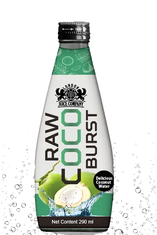 London Juice Company Raw Coco Burst 290ml bottle of coconut water with natural flavor, no added sugar or artificial colors.